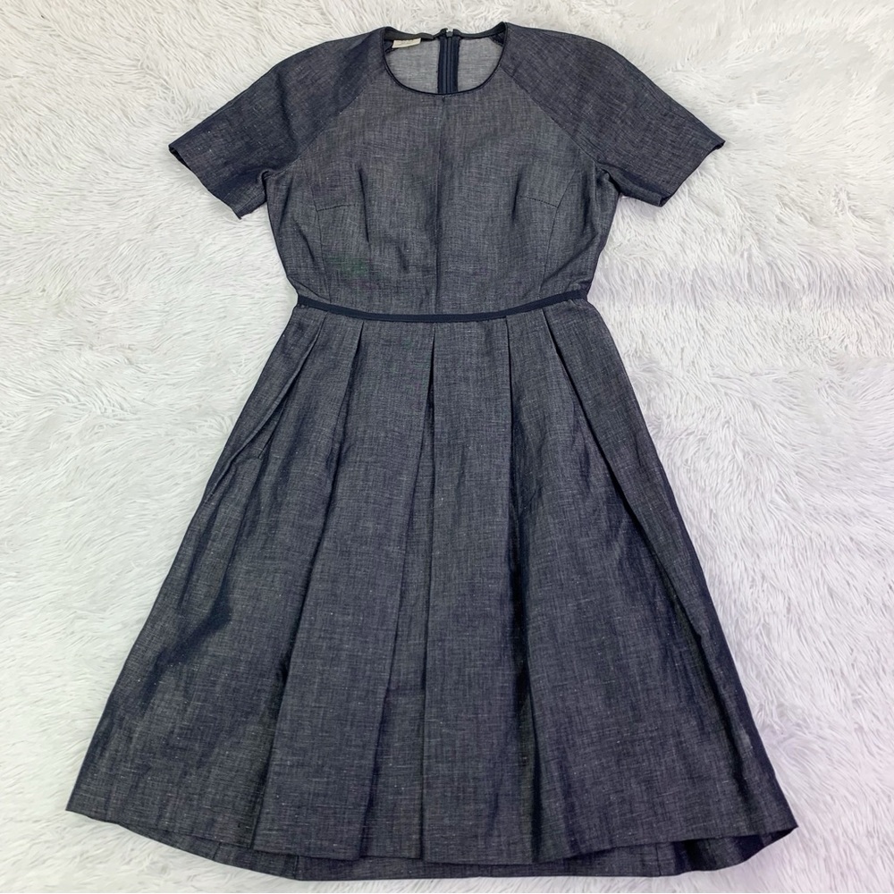 Les Copaines short sleeve linen blend chambray fit flare dress pleated details